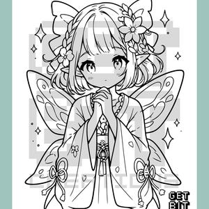 May include: A black and white line art illustration of a fairy character with pointed ears, wearing a kimono-style garment with tied ribbons. The character has short hair adorned with flowers and large wings. The text GET BIT CREATIONS is visible.