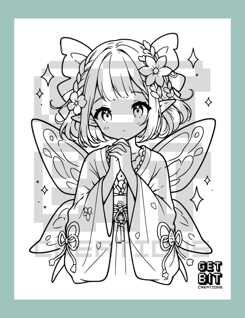 May include: A black and white line art illustration of a fairy character with pointed ears, wearing a kimono-style garment with tied ribbons. The character has short hair adorned with flowers and large wings. The text GET BIT CREATIONS is visible.