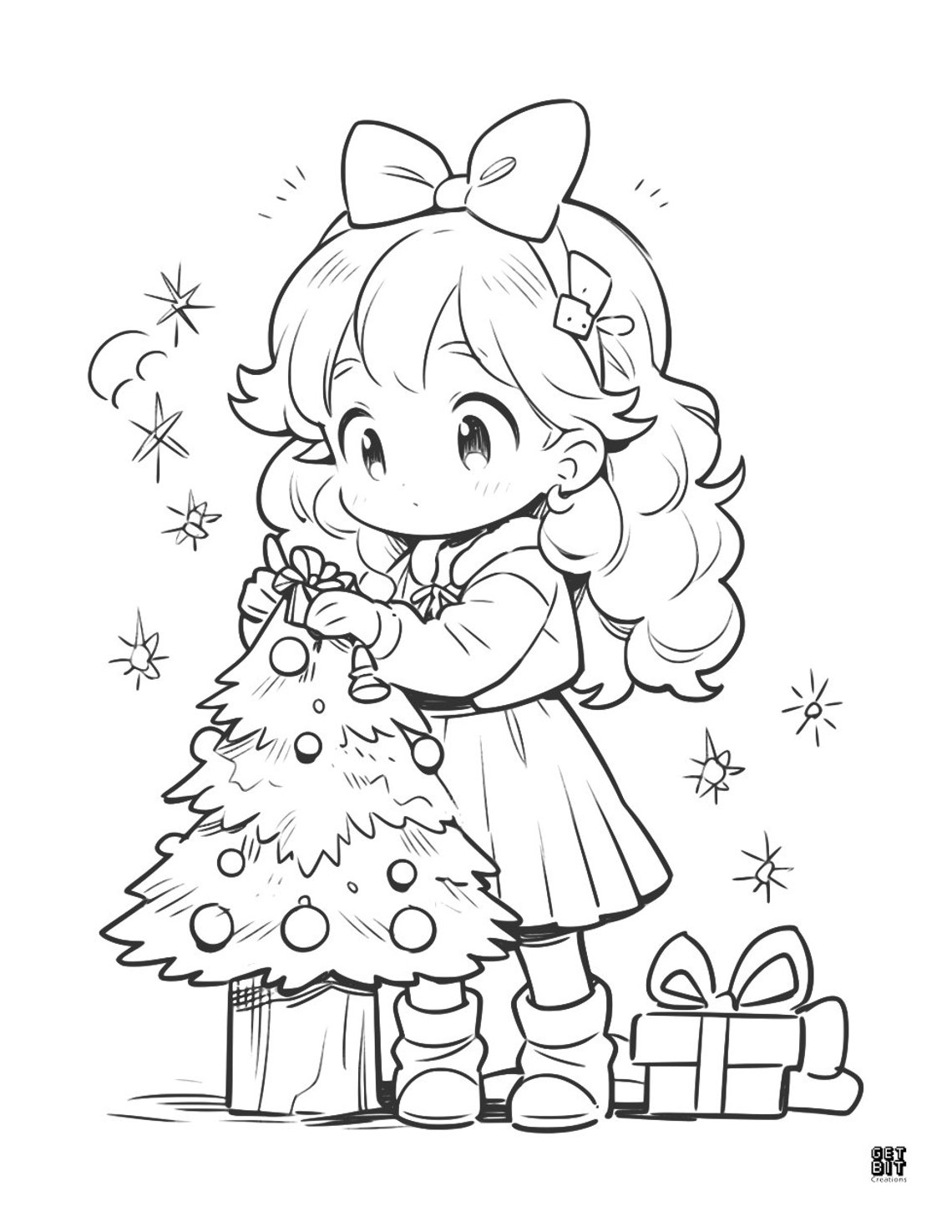 Holiday Coloring Book Anime Girl Coloring Page Kawaii Illustration