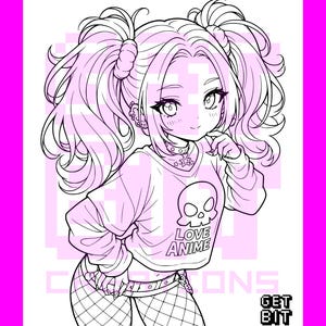Pode incluir: Uma ilustra&ccedil;&atilde;o de arte linear em preto e branco de uma personagem de anime com duas marias-chiquinhas, vestindo uma camisa de manga comprida com um gr&aacute;fico de caveira e o texto LOVE ANIME, uma gargantilha com tachas e leggings arrast&atilde;o.