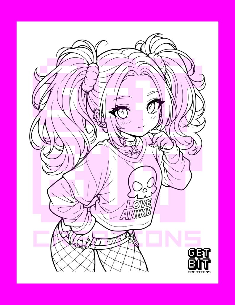 Pode incluir: Uma ilustra&ccedil;&atilde;o de arte linear em preto e branco de uma personagem de anime com duas marias-chiquinhas, vestindo uma camisa de manga comprida com um gr&aacute;fico de caveira e o texto LOVE ANIME, uma gargantilha com tachas e leggings arrast&atilde;o.