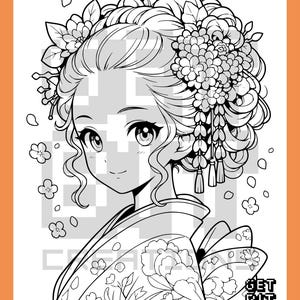 Pu&ograve; includere: Una pagina da colorare in bianco e nero raffigurante un personaggio con un'elaborata acconciatura floreale, che indossa un kimono con motivi floreali. L'immagine include petali fluttuanti e il testo GET BIT CREATIONS nell'angolo in basso.