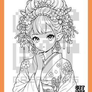 Pu&ograve; includere: Una pagina da colorare in bianco e nero raffigurante un elfo con orecchie a punta, che indossa un kimono con motivi floreali e un'acconciatura elaborata decorata con fiori e forcine. Il testo GET BIT CREATIONS &egrave; visibile.