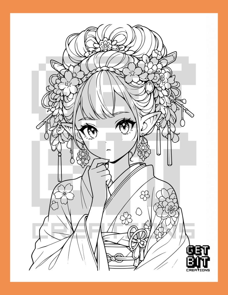 Pu&ograve; includere: Una pagina da colorare in bianco e nero raffigurante un elfo con orecchie a punta, che indossa un kimono con motivi floreali e un'acconciatura elaborata decorata con fiori e forcine. Il testo GET BIT CREATIONS &egrave; visibile.
