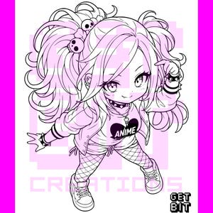 Pode incluir: Uma ilustra&ccedil;&atilde;o de arte linear em preto e branco de um personagem chibi com maria-chiquinhas, acess&oacute;rios de cabelo de caveira e uma gargantilha com espinhos. O personagem veste uma camisa com um gr&aacute;fico de cora&ccedil;&atilde;o escrito ANIME, meia-cal&ccedil;a arrast&atilde;o e t&ecirc;nis. O texto GET BIT CREATIONS aparece no canto inferior direito.