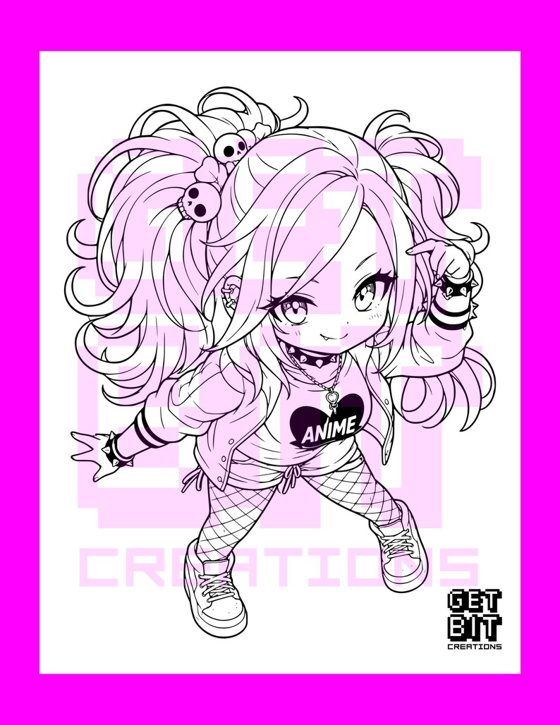 Pode incluir: Uma ilustra&ccedil;&atilde;o de arte linear em preto e branco de um personagem chibi com maria-chiquinhas, acess&oacute;rios de cabelo de caveira e uma gargantilha com espinhos. O personagem veste uma camisa com um gr&aacute;fico de cora&ccedil;&atilde;o escrito ANIME, meia-cal&ccedil;a arrast&atilde;o e t&ecirc;nis. O texto GET BIT CREATIONS aparece no canto inferior direito.