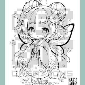 May include: A black and white line art coloring page featuring a chibi character with twin buns, wearing a floral kimono and fairy wings. The character is surrounded by small flowers. The text GET BIT CREATIONS appears in the bottom right corner.