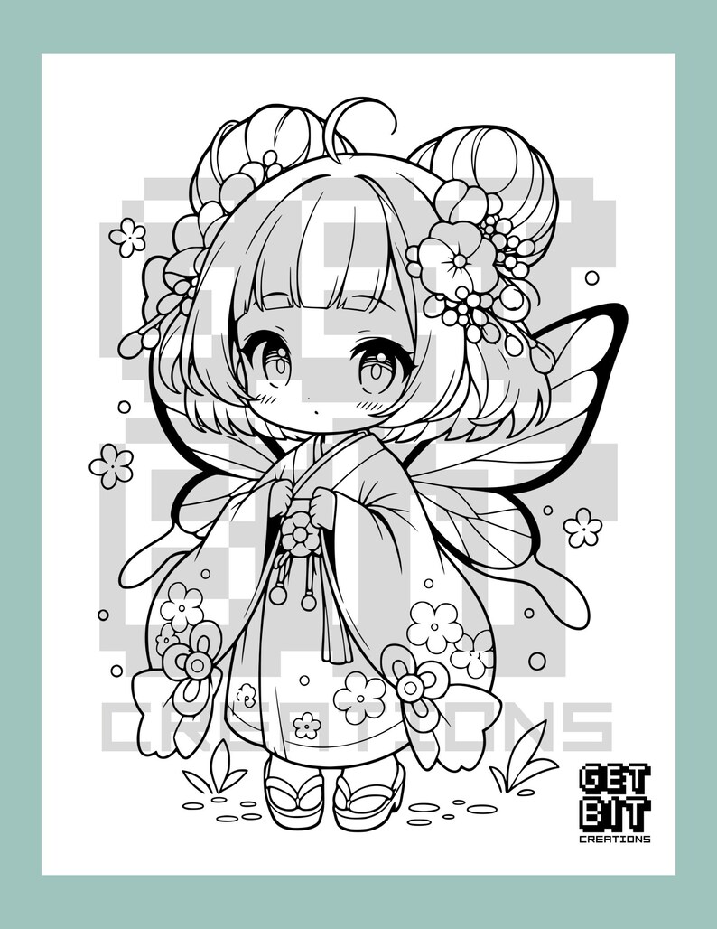 May include: A black and white line art coloring page featuring a chibi character with twin buns, wearing a floral kimono and fairy wings. The character is surrounded by small flowers. The text GET BIT CREATIONS appears in the bottom right corner.