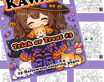 Kawaii coloring book Japanese style drawing Halloween digital coloring book gift Manga drawing coloring page Chibi coloring book,