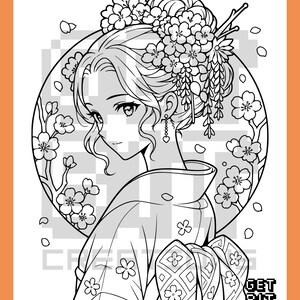 Pu&ograve; includere: Una pagina da colorare in bianco e nero che raffigura una persona in kimono con un'elaborata acconciatura floreale. La figura &egrave; incorniciata da uno sfondo circolare di rami di ciliegio. Il testo GET BIT CREATIONS appare nell'angolo.