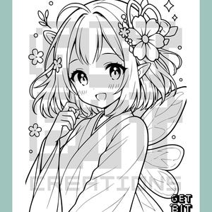 May include: A black and white line art coloring page featuring an anime-style character with short hair, pointed ears, and fairy wings. The character wears a kimono and is adorned with flowers in their hair. The text GET BIT CREATIONS is visible.