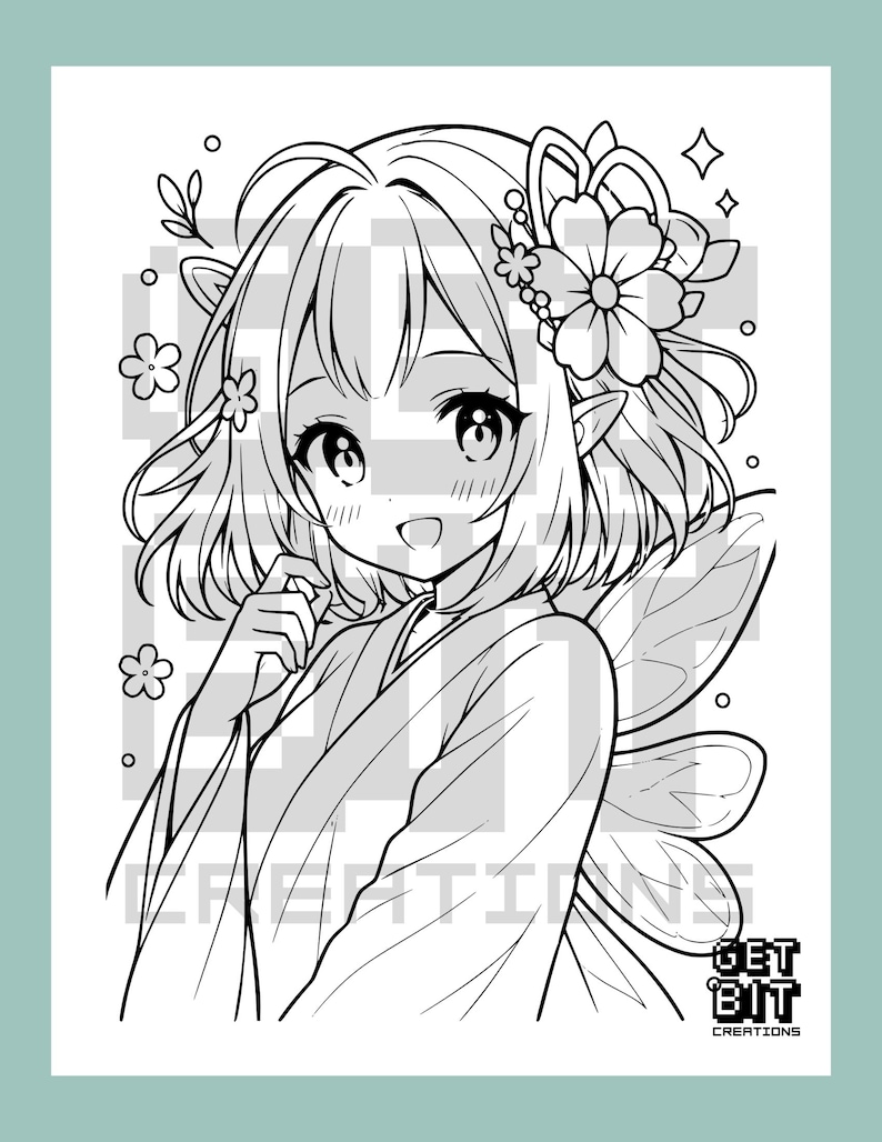 May include: A black and white line art coloring page featuring an anime-style character with short hair, pointed ears, and fairy wings. The character wears a kimono and is adorned with flowers in their hair. The text GET BIT CREATIONS is visible.
