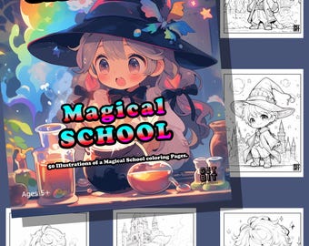 Kawaii coloring page Japanese style drawing Cute Magical school coloring book Artist coloring book gift download Manga artwork relaxing fun