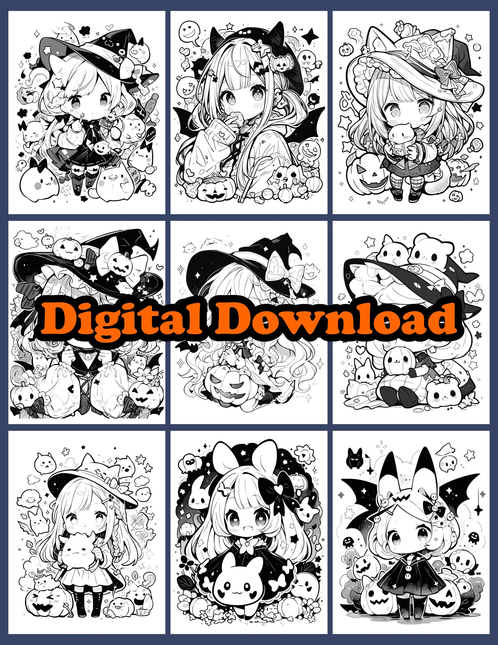 Kawaii Coloring Book Japanese Style Drawing Halloween Digital Coloring ...
