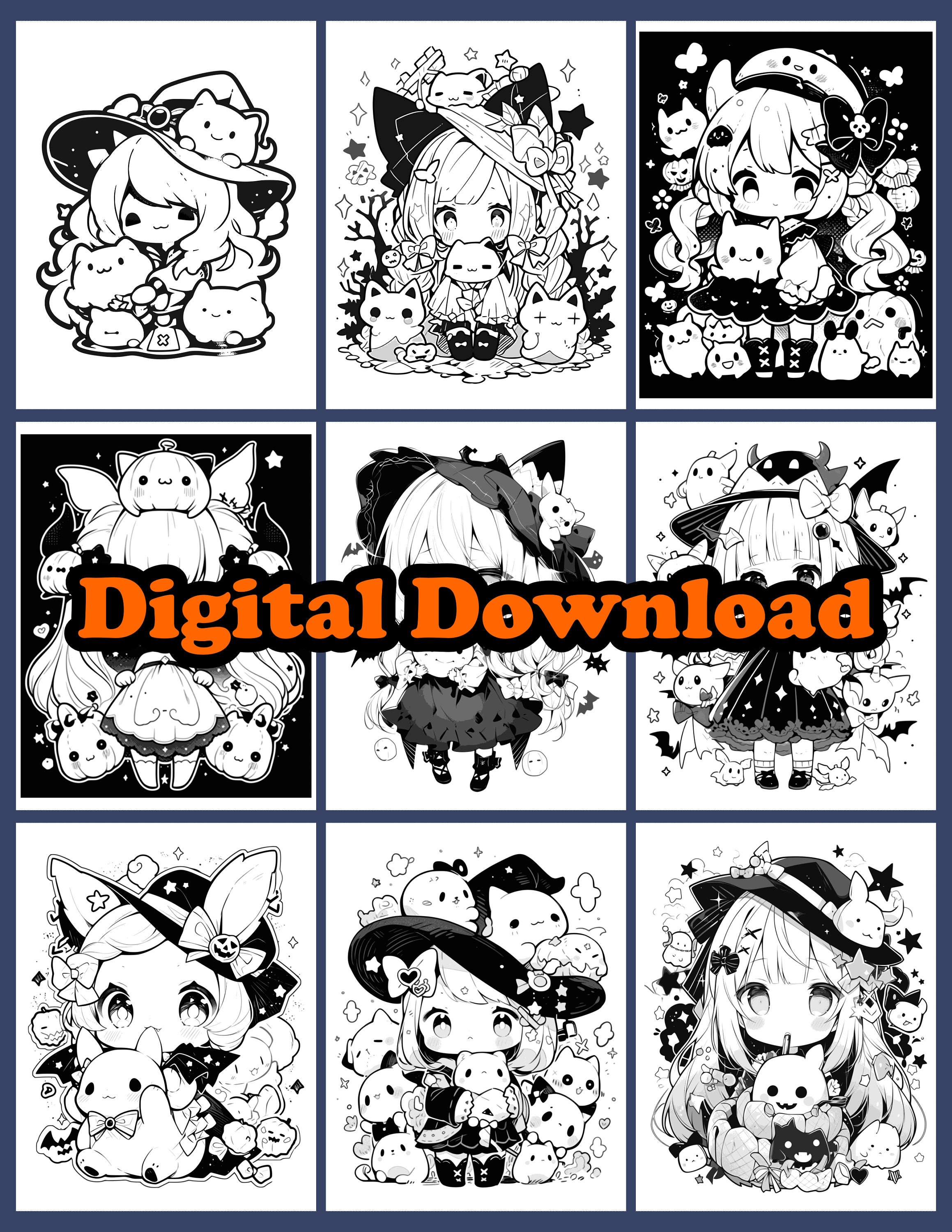 Kawaii Coloring Book Japanese Style Drawing Halloween Digital - Etsy