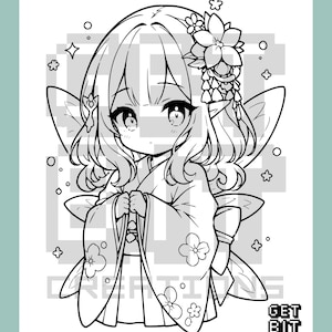 May include: A black and white line art illustration of a chibi fairy character wearing a kimono with floral patterns, featuring pointed ears, large eyes, and a hair accessory. The text GET BIT CREATIONS is visible in the bottom right corner.