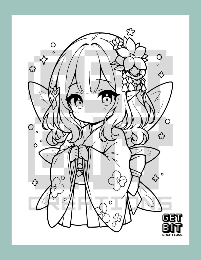 May include: A black and white line art illustration of a chibi fairy character wearing a kimono with floral patterns, featuring pointed ears, large eyes, and a hair accessory. The text GET BIT CREATIONS is visible in the bottom right corner.