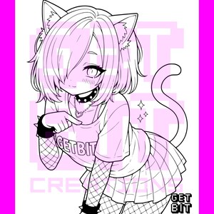 Pode incluir: Uma ilustra&ccedil;&atilde;o de arte linear em preto e branco de um personagem com orelhas de gato e cabelo curto, usando uma coleira com espinhos, um colar com pingente de cora&ccedil;&atilde;o, mangas de rede e uma camiseta com o texto GETBIT.