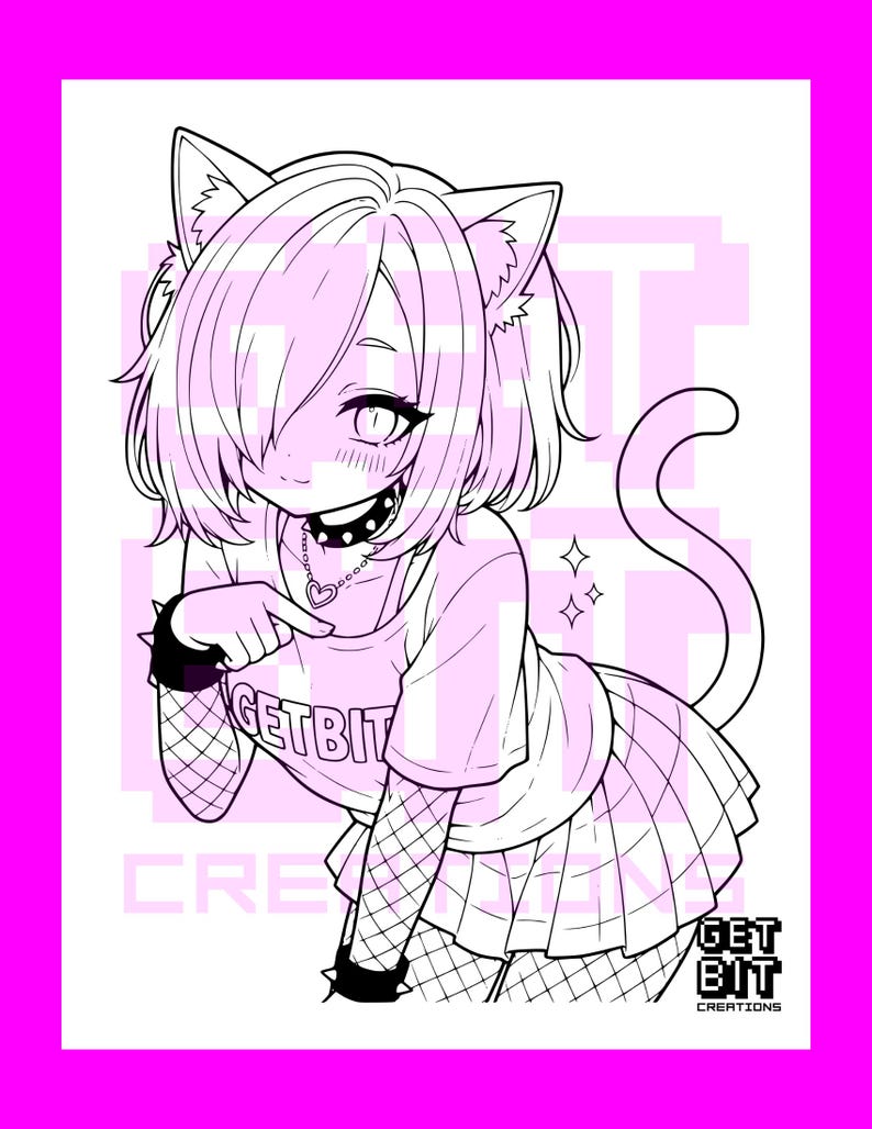 Pode incluir: Uma ilustra&ccedil;&atilde;o de arte linear em preto e branco de um personagem com orelhas de gato e cabelo curto, usando uma coleira com espinhos, um colar com pingente de cora&ccedil;&atilde;o, mangas de rede e uma camiseta com o texto GETBIT.