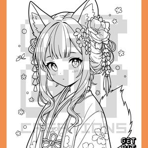 Pu&ograve; includere: Una pagina da colorare in bianco e nero con un personaggio in stile anime con orecchie da volpe, che indossa un kimono e accessori floreali per capelli. Lo sfondo include piccoli motivi floreali e il testo GET BIT CREATIONS nell'angolo.