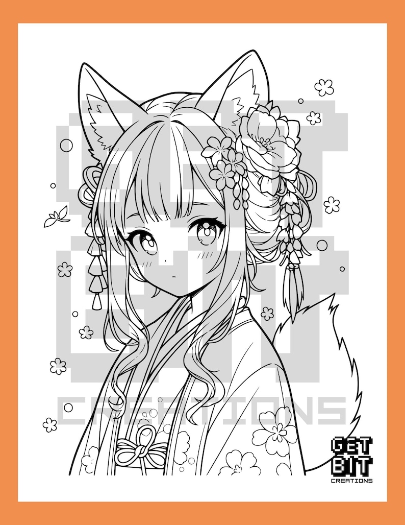 Pu&ograve; includere: Una pagina da colorare in bianco e nero con un personaggio in stile anime con orecchie da volpe, che indossa un kimono e accessori floreali per capelli. Lo sfondo include piccoli motivi floreali e il testo GET BIT CREATIONS nell'angolo.