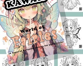 Może przedstawiać: Kolorowanka zatytułowana All Things KAWAII World of Fairies z 26 Pages of Butterfly Fairies for you to color. Okładka przedstawia wróżkę o zielonych włosach ze skrzydłami, a panele boczne zawierają pięć czarno-białych ilustracji liniowych.