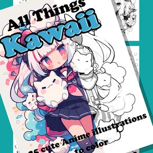Kawaii coloring page Japanese cartoon drawing Cute anime for Kids Teens coloring book Adult gift for artist love of Manga digital artwork