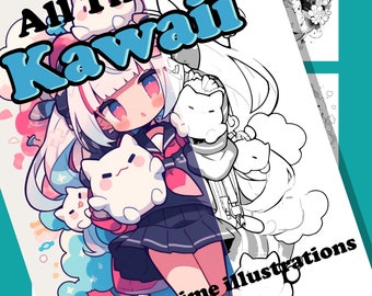 Coloriage kawaii, dessin animé japonais, anime mignon pour enfants, adolescents, livre de coloriage, cadeau pour adulte, amour des artistes, oeuvre d'art numérique manga