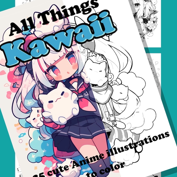 Coloriage kawaii, dessin animé japonais, anime mignon pour enfants, adolescents, livre de coloriage, cadeau pour adulte, amour des artistes, oeuvre d'art numérique manga