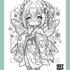 May include: A black and white line art coloring page featuring a chibi-style fairy character wearing a kimono with floral patterns, butterfly wings, and hair ornaments. The text GET BIT CREATIONS is visible in the bottom right corner.