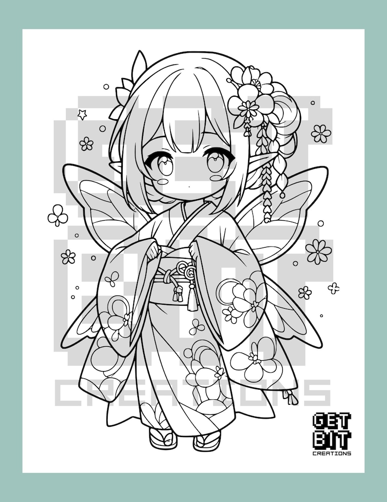 May include: A black and white line art coloring page featuring a chibi-style fairy character wearing a kimono with floral patterns, butterfly wings, and hair ornaments. The text GET BIT CREATIONS is visible in the bottom right corner.
