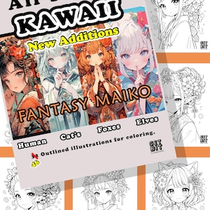 Pu&ograve; includere: Una copertina di un libro da colorare intitolata All Things KAWAII New Additions FANTASY MAIKO con quattro illustrazioni colorate in stile anime in abiti tradizionali e diverse pagine di disegni al tratto in bianco e nero di elfi e gatti.