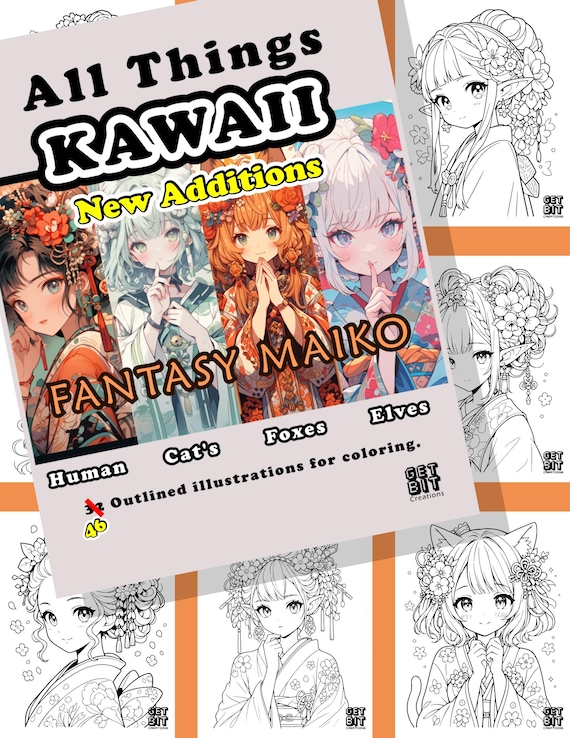 Anime coloring book Fox girls Kawaii Elf girls Anime Cat girls Coloring page Beautiful Manga Coloring Book Fun Craft for Kids And Adults