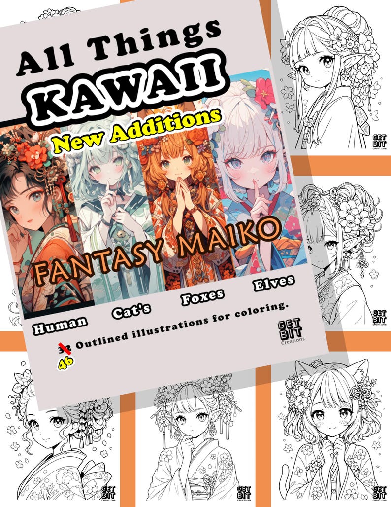 Pu&ograve; includere: Una copertina di un libro da colorare intitolata All Things KAWAII New Additions FANTASY MAIKO con quattro illustrazioni colorate in stile anime in abiti tradizionali e diverse pagine di disegni al tratto in bianco e nero di elfi e gatti.