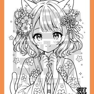 Pu&ograve; includere: Una pagina da colorare in bianco e nero con un personaggio in stile anime con orecchie da gatto, che indossa un kimono floreale e ornamenti per capelli. Il personaggio ha i capelli corti e tiene le mani giunte vicino al petto.
