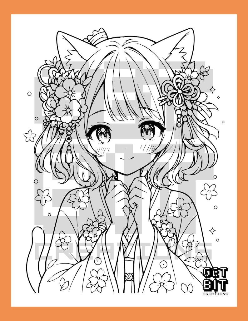 Pu&ograve; includere: Una pagina da colorare in bianco e nero con un personaggio in stile anime con orecchie da gatto, che indossa un kimono floreale e ornamenti per capelli. Il personaggio ha i capelli corti e tiene le mani giunte vicino al petto.