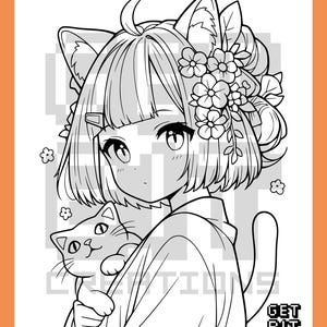 Pu&ograve; includere: Una pagina da colorare in bianco e nero con un personaggio in stile anime con orecchie da gatto e capelli corti decorati con fiori, che tiene in braccio un piccolo gatto. Il testo GET BIT CREATIONS &egrave; visibile nell'angolo in basso a destra.