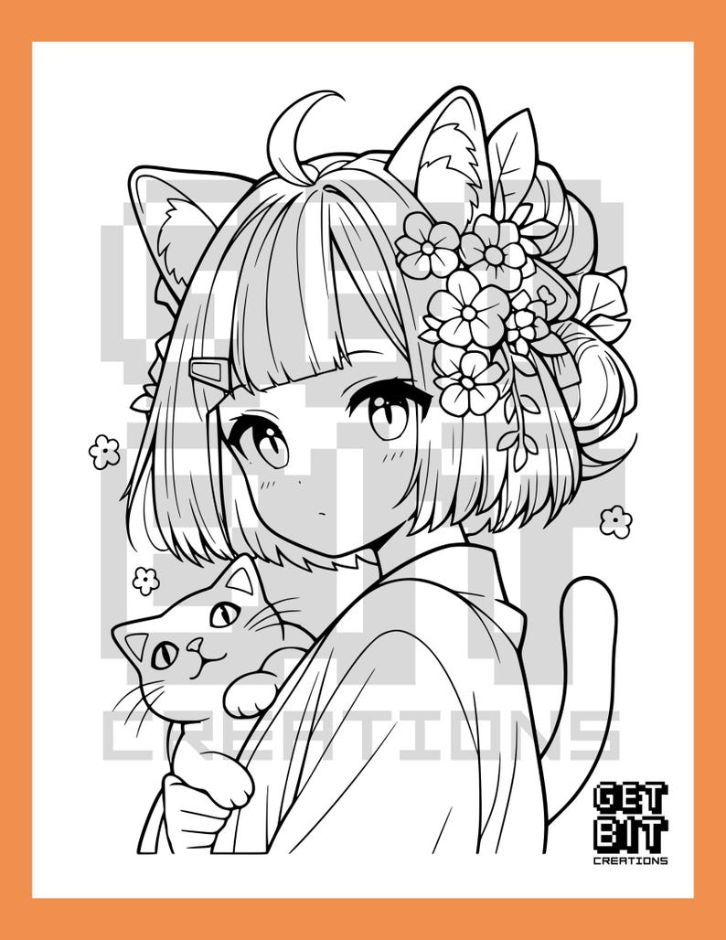 Pu&ograve; includere: Una pagina da colorare in bianco e nero con un personaggio in stile anime con orecchie da gatto e capelli corti decorati con fiori, che tiene in braccio un piccolo gatto. Il testo GET BIT CREATIONS &egrave; visibile nell'angolo in basso a destra.