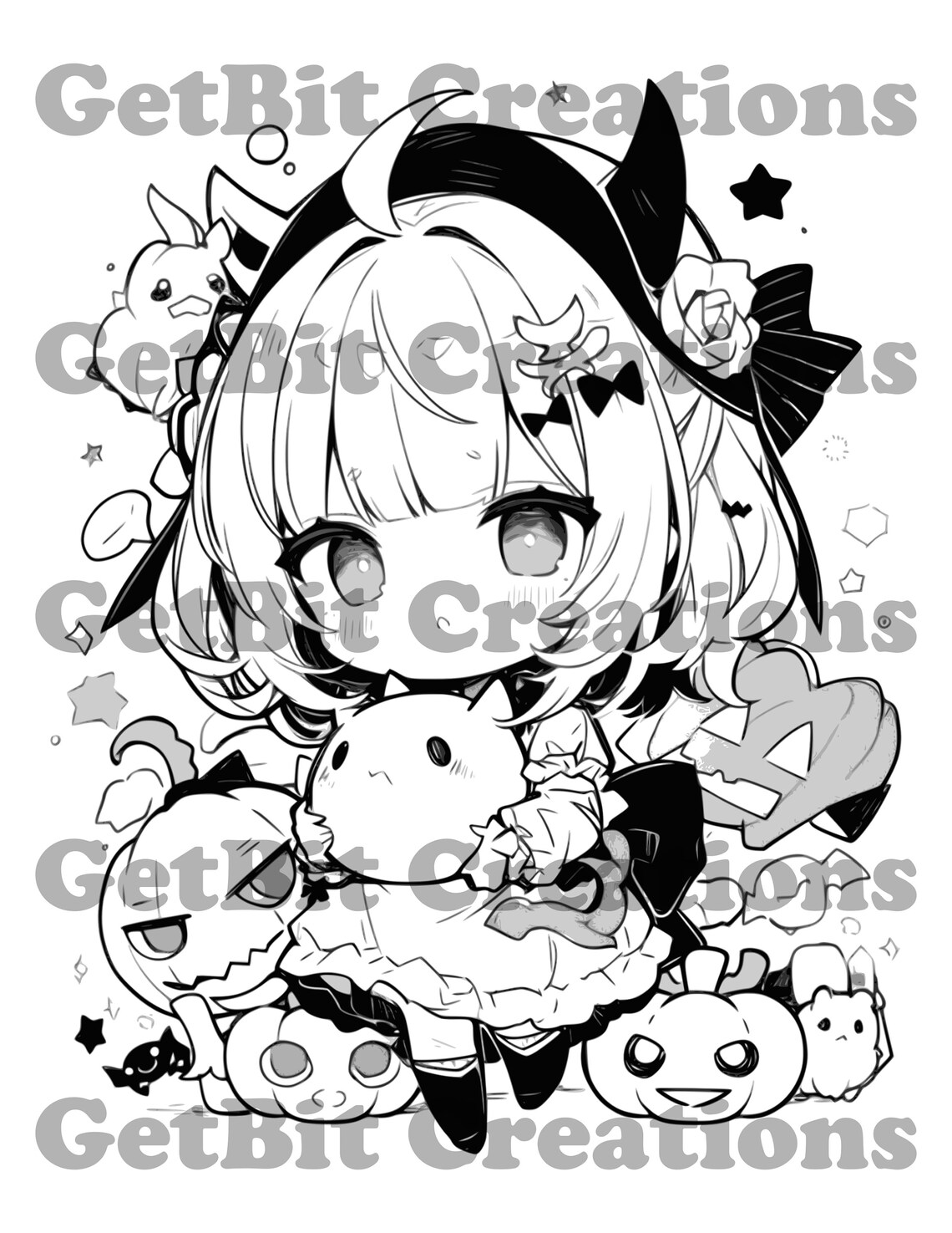 Kawaii Coloring Book Japanese Style Drawing Halloween Digital Coloring ...