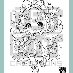 May include: A black and white line art coloring page featuring a chibi character with short hair, a large bow, and floral hair accessories. The character wears a dress with flower patterns and fairy wings. The text GET BIT CREATIONS is visible.