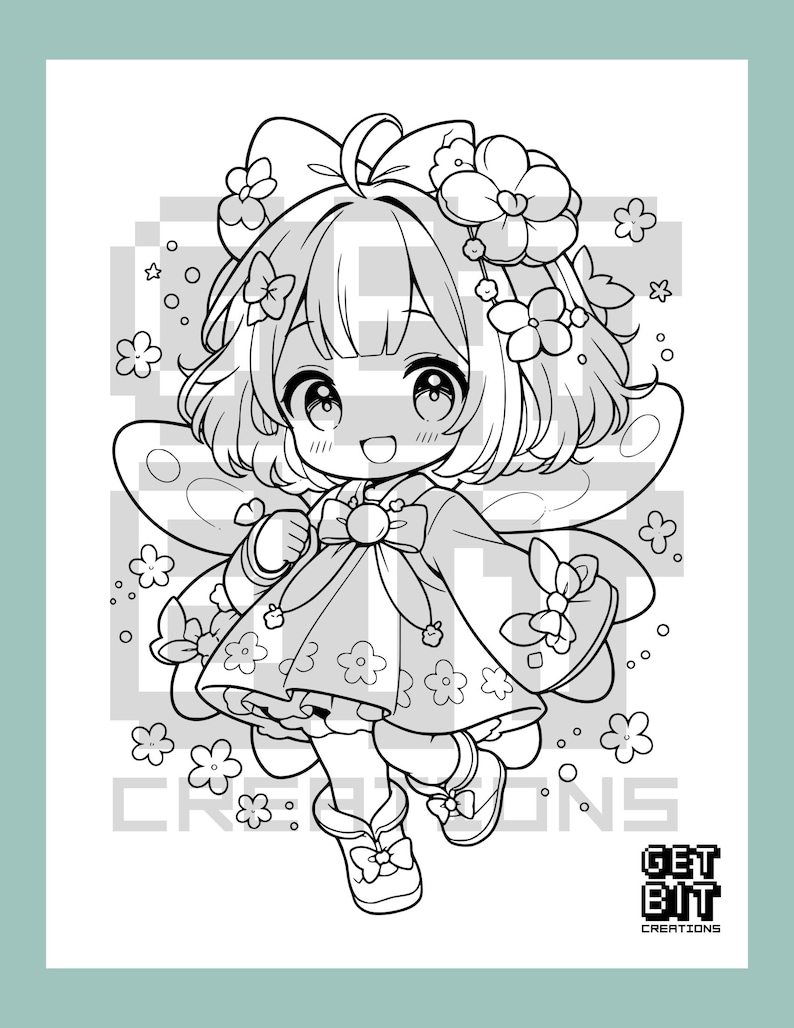 May include: A black and white line art coloring page featuring a chibi character with short hair, a large bow, and floral hair accessories. The character wears a dress with flower patterns and fairy wings. The text GET BIT CREATIONS is visible.