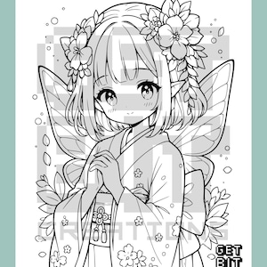 May include: A black and white line art coloring page featuring an anime-style character with pointed ears and butterfly wings, wearing a kimono with floral hair accessories. The text GET BIT CREATIONS is visible in the bottom right corner.