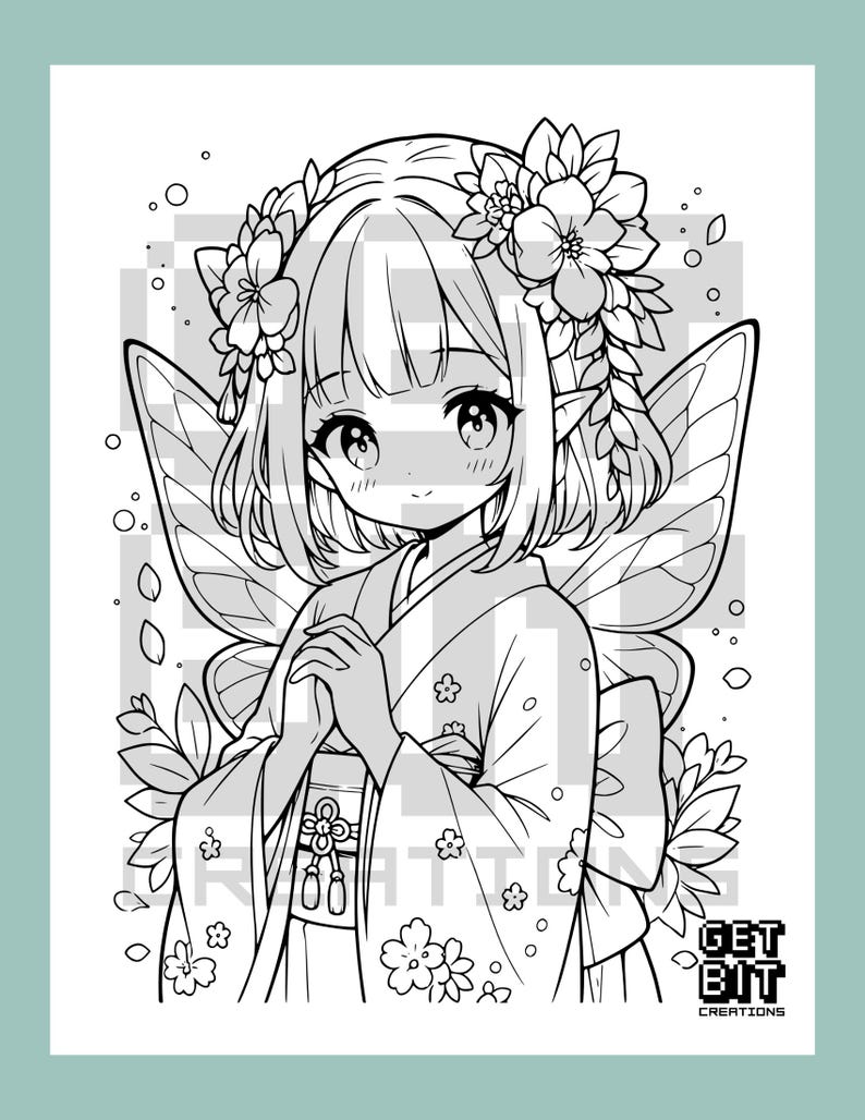 May include: A black and white line art coloring page featuring an anime-style character with pointed ears and butterfly wings, wearing a kimono with floral hair accessories. The text GET BIT CREATIONS is visible in the bottom right corner.