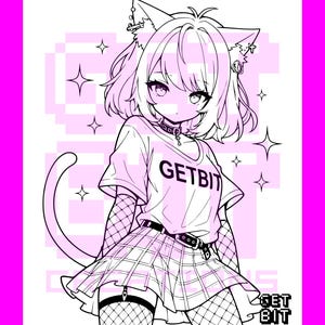 Pode incluir: Uma ilustra&ccedil;&atilde;o de arte linear em preto e branco de um personagem com orelhas de gato, vestindo uma camiseta com o texto GETBIT, uma saia xadrez e meias arrast&atilde;o. O fundo apresenta texto pixelado suave e formas de estrelas, com GETBIT CREATIONS.