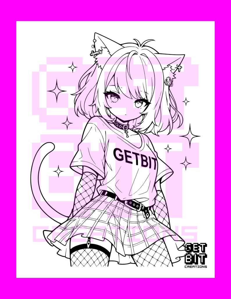 Pode incluir: Uma ilustra&ccedil;&atilde;o de arte linear em preto e branco de um personagem com orelhas de gato, vestindo uma camiseta com o texto GETBIT, uma saia xadrez e meias arrast&atilde;o. O fundo apresenta texto pixelado suave e formas de estrelas, com GETBIT CREATIONS.