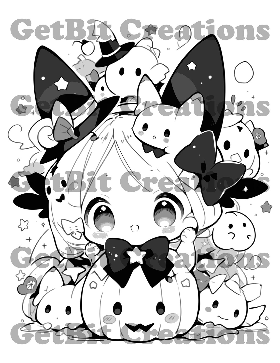 Kawaii Coloring Book Japanese Style Drawing Halloween Digital Coloring ...