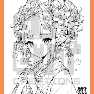 Pu&ograve; includere: Un'illustrazione in bianco e nero a tratto di un personaggio elfo con orecchie a punta, che indossa un kimono floreale ed elaborati accessori per capelli con fiori. Il personaggio ha grandi occhi e un'espressione dolce. Testo GET BIT CREATIONS.