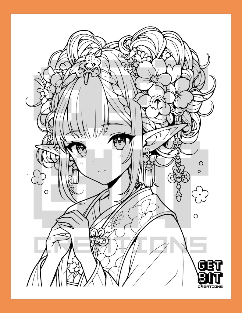 Pu&ograve; includere: Un'illustrazione in bianco e nero a tratto di un personaggio elfo con orecchie a punta, che indossa un kimono floreale ed elaborati accessori per capelli con fiori. Il personaggio ha grandi occhi e un'espressione dolce. Testo GET BIT CREATIONS.