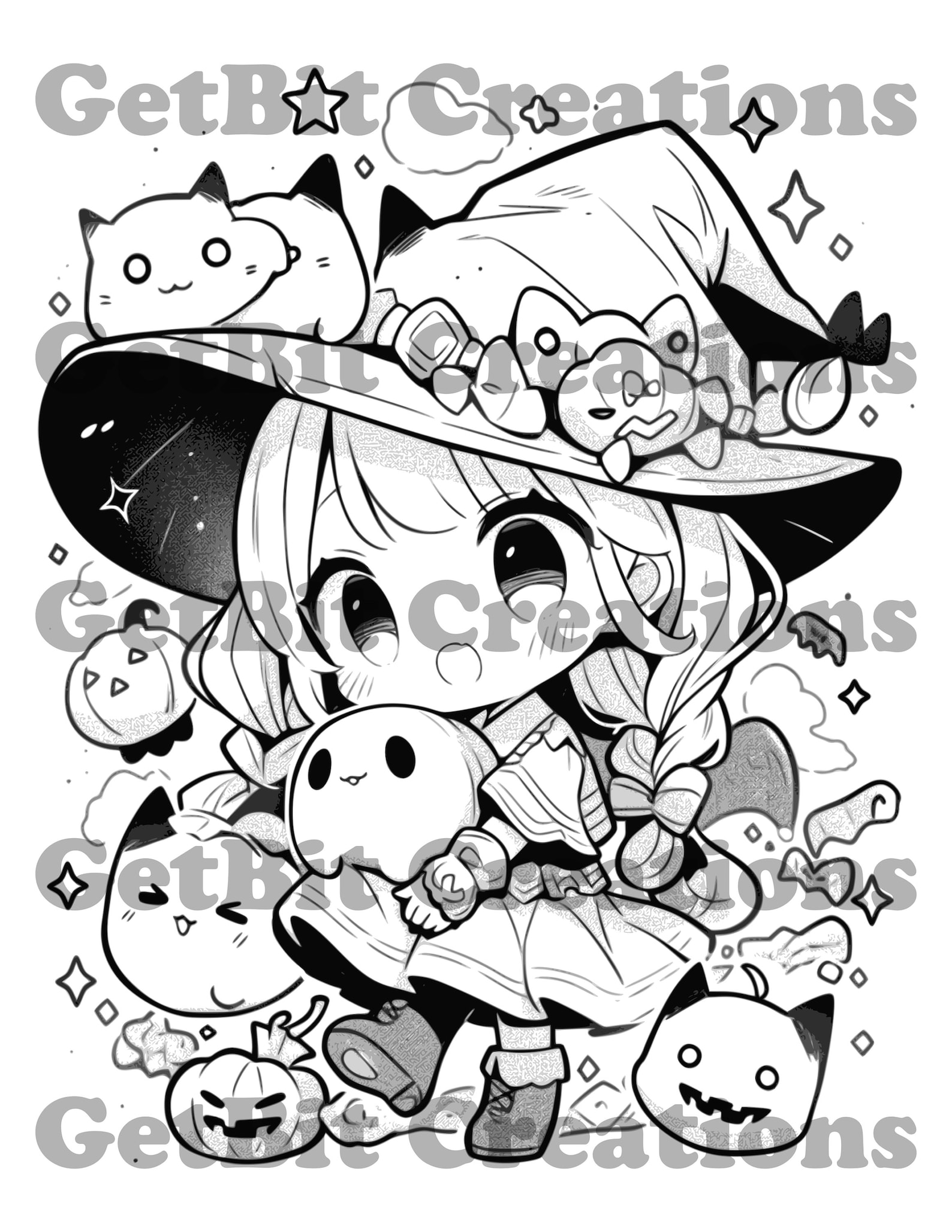 Kawaii Coloring Book Japanese Style Drawing Halloween Digital Coloring ...
