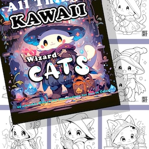 Può includere: Un libro da colorare intitolato All Things KAWAII Wizard CATS con un'illustrazione centrale a colori di un gatto vestito da mago circondato da oggetti magici, con cinque illustrazioni di gatti in bianco e nero disposte intorno.